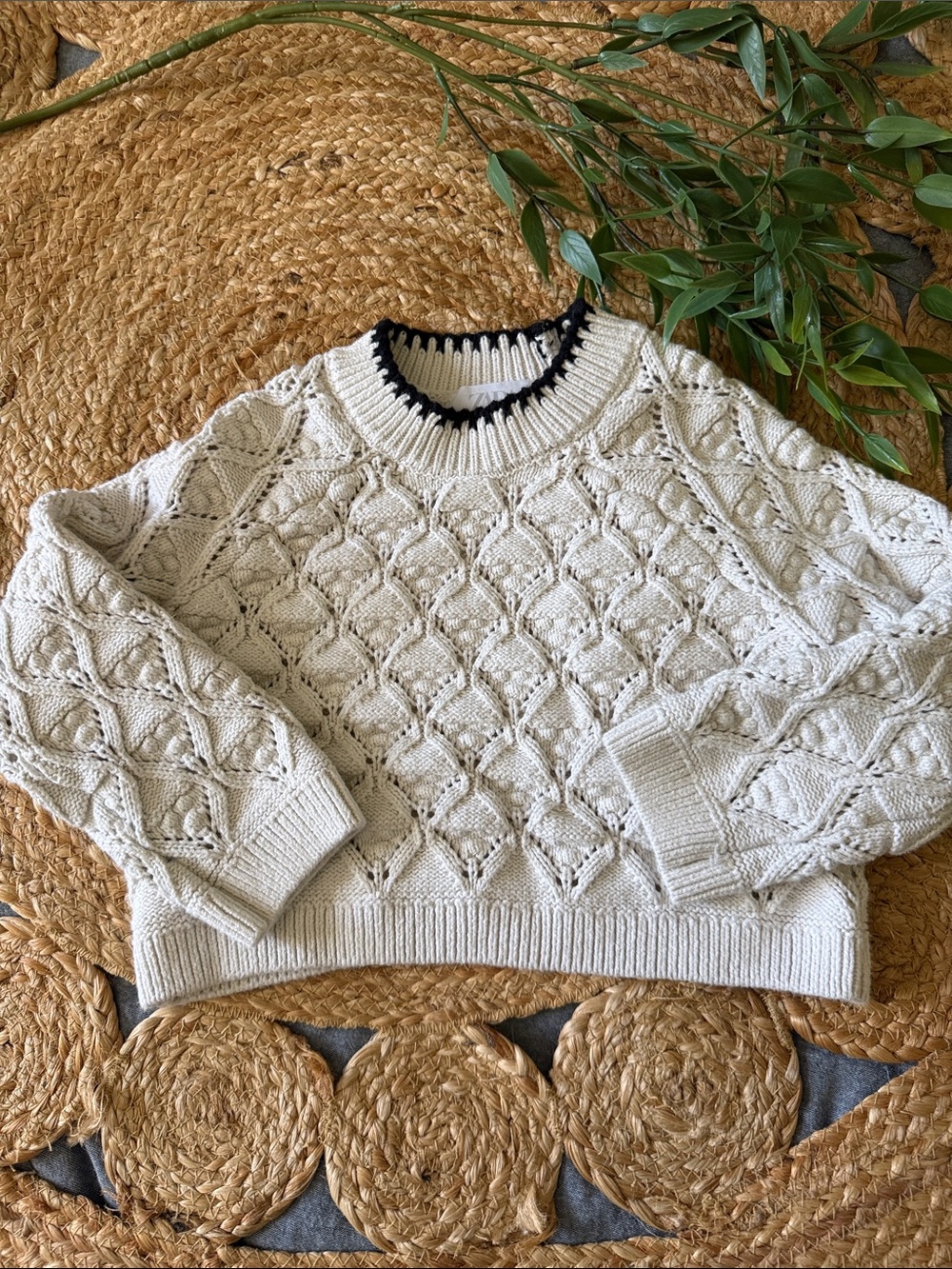 Zara Crochet Knit Open Cream Cotton Sweater. size 6-7